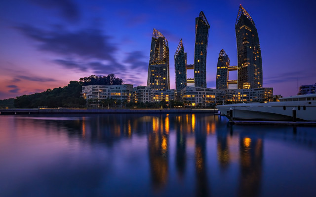 Harbor boat city night purple free wallpaper - medium preview image