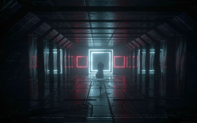 Man hallway neon doorway cyberpunk free wallpaper - medium preview image