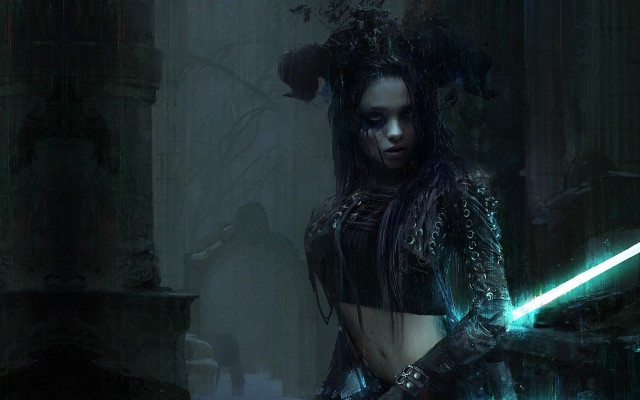 Woman sword dark room columns free wallpaper - medium preview image