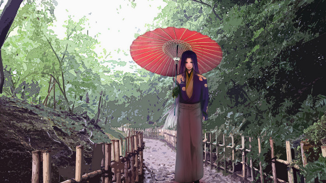 Woman umbrella woods path fence free wallpaper - medium preview image