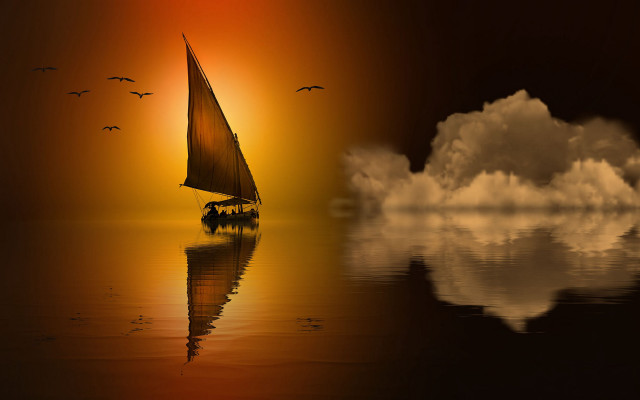 Sailboat sunset birds clouds mountain free wallpaper - medium preview image