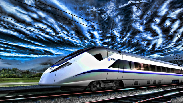 Train traveling tracks cloudy sky free wallpaper - medium preview image