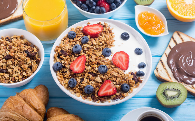 Granola yogurt fruit coffee blue free wallpaper - medium preview image