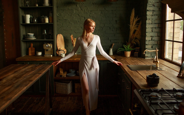 Woman white dress kitchen blood free wallpaper - medium preview image