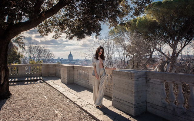 Woman city night fence tree free wallpaper - medium preview image