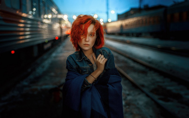 Red haired woman night traintrack free wallpaper - medium preview image