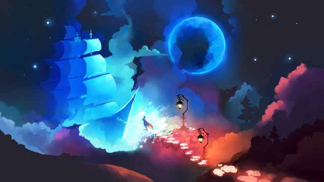 Skyship blue moon fantasy illustration free wallpaper - medium preview image
