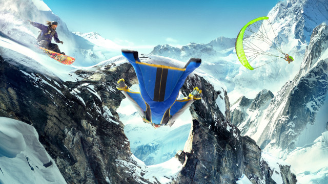 Snowboarder flying mountain parachute beach free wallpaper - medium preview image