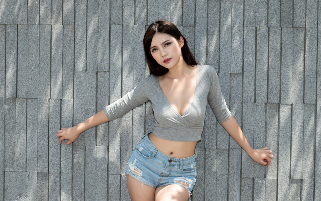 Woman skateboard pose brickwall denim free wallpaper - medium preview image