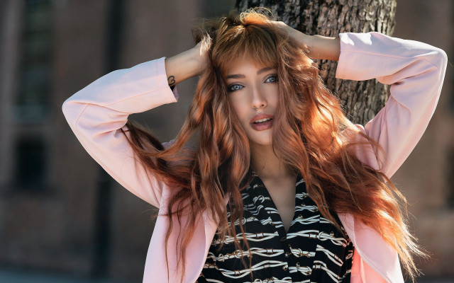 Redhaired woman tree hands up free wallpaper - medium preview image