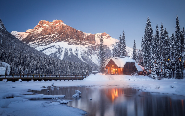 Cabin snow trees mountains lake free wallpaper - medium preview image