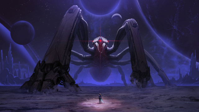 Futuristic astronaut giant spider night free wallpaper - medium preview image