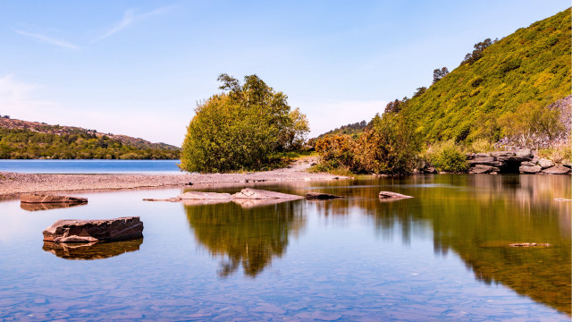 Lake trees rocks forest sky free wallpaper - medium preview image