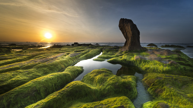Mossy rock ocean sunset reflection free wallpaper - medium preview image