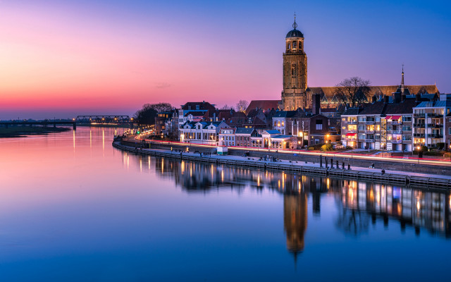 Heidelberg clocktower river dusk lightscape free wallpaper - medium preview image