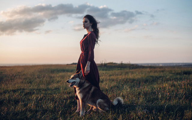 Woman red dress dog field free wallpaper - medium preview image