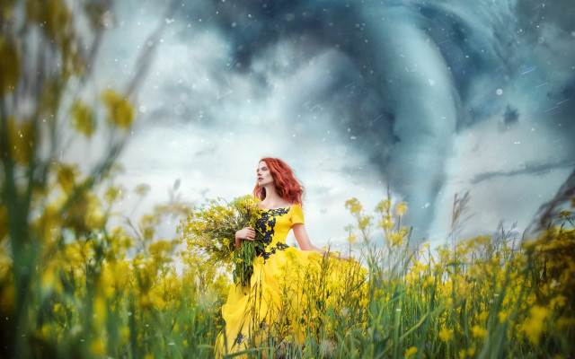 Woman yellow dress flower field #3 free wallpaper - medium preview image
