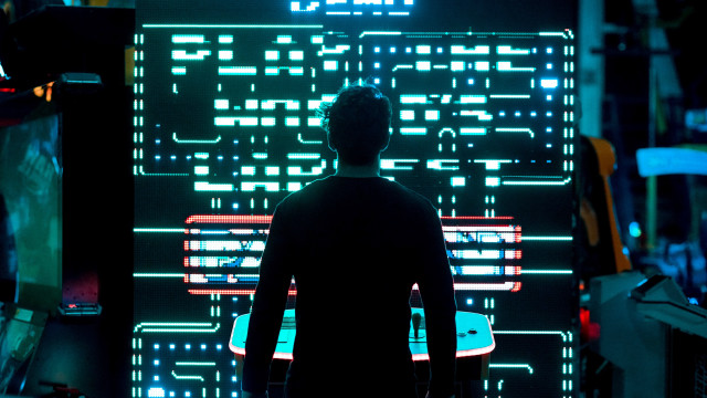 Man neon cityscape cyberpunk skyscraper free wallpaper - medium preview image