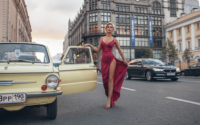 Woman red dress street city free wallpaper - medium preview image