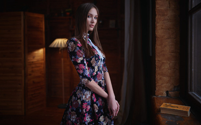 Woman floral dress standing lamp free wallpaper - medium preview image