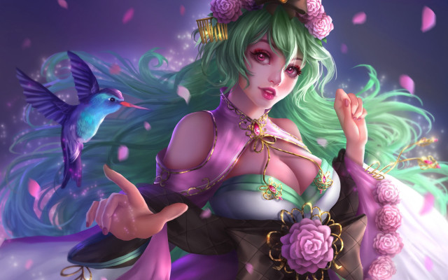 Woman bird blue rose cherry free wallpaper - medium preview image