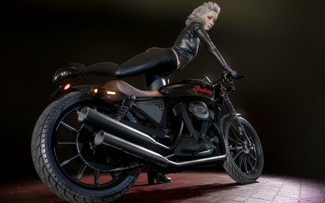 Woman black leather motorcycle brick free wallpaper - medium preview image