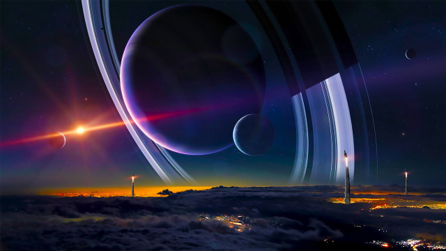 Saturn rings night plane window free wallpaper - medium preview image