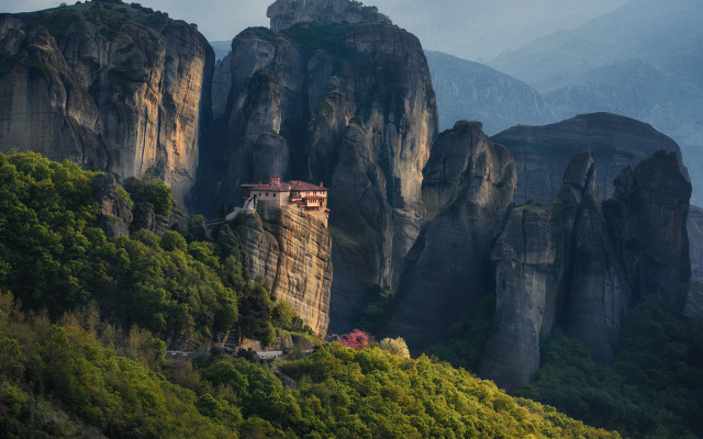 Mountain house cliff trees nature free wallpaper - medium preview image