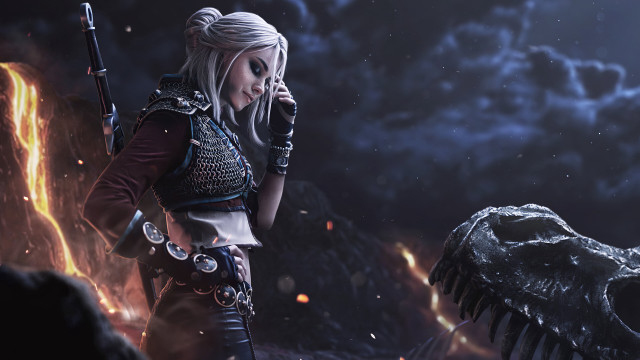 Armor woman dinosaur flaming sword free wallpaper - medium preview image