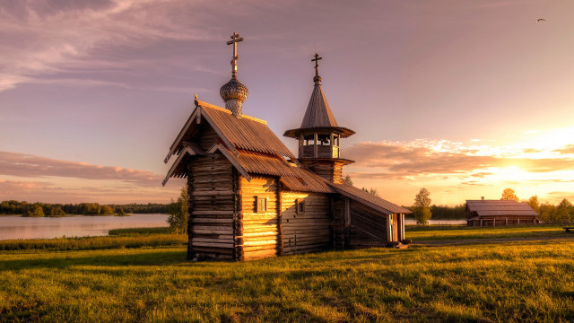 Wooden church sunset lake tower free wallpaper - medium preview image