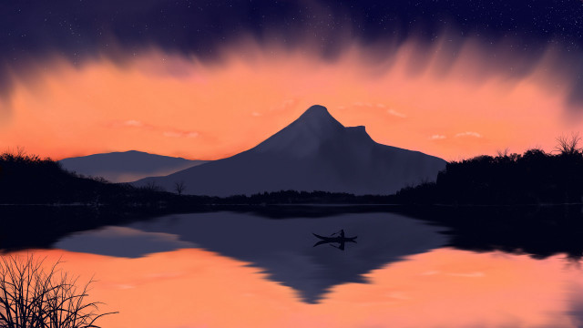 Mountain lake boat sunset aurora free wallpaper - medium preview image