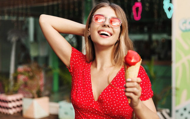 Red dress woman pastry smiling free wallpaper - medium preview image