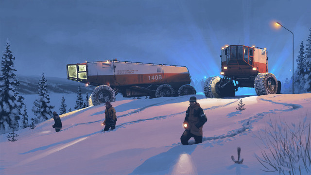 Snowy night truck people matte free wallpaper - medium preview image