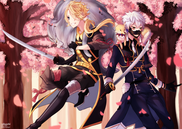 Anime characters forest pink flowers free wallpaper - medium preview image