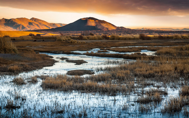 River green field mountains sunset free wallpaper - medium preview image