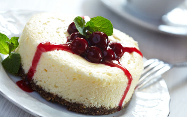 Cheesecake cherries mint plate fork free wallpaper - medium preview image