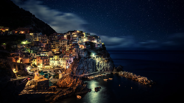 Cliff village night ocean bridge free wallpaper - medium preview image