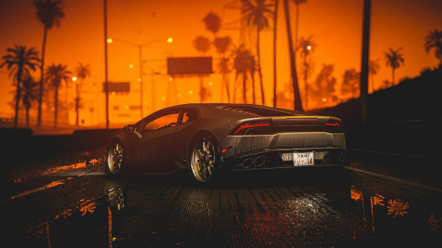 Car night redsky palmtrees wetroad free wallpaper - medium preview image