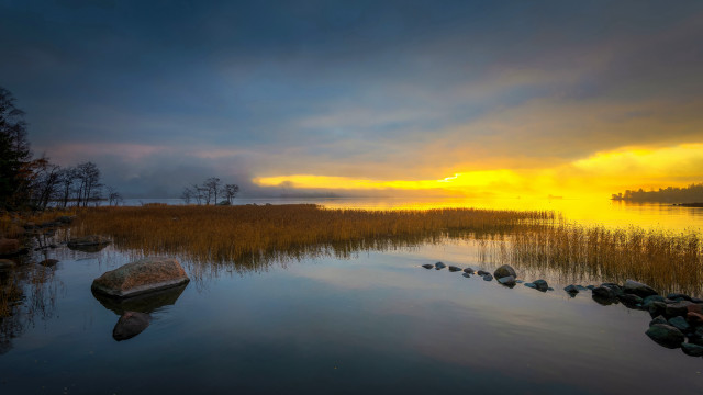 Sunset lake rocks grass birds free wallpaper - medium preview image