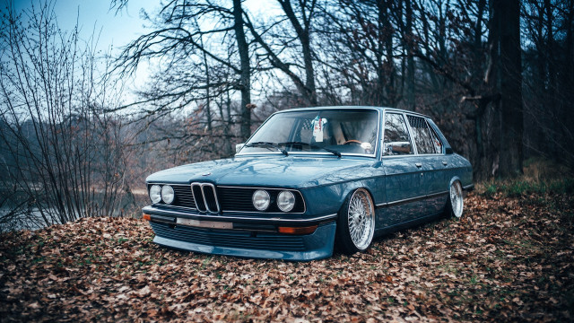 Blue car forest water autumn free wallpaper - medium preview image