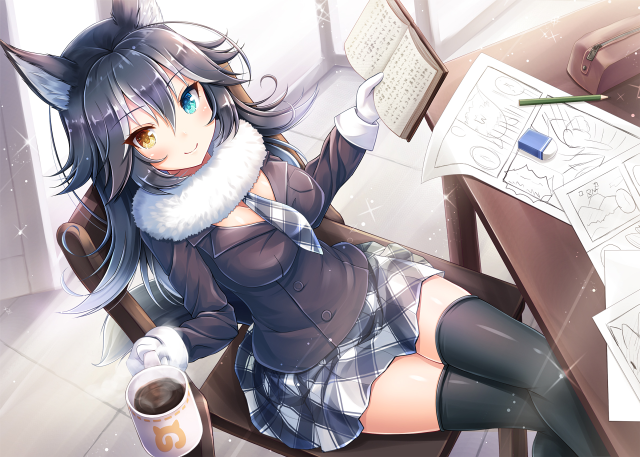 Woman short skirt boots desk free wallpaper - medium preview image