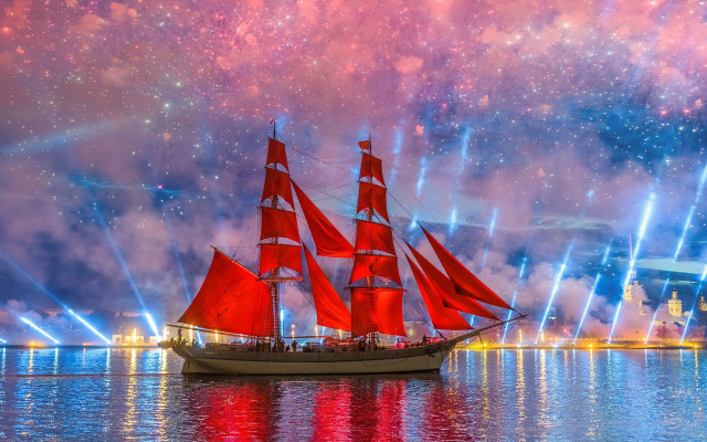 Red sailboat fireworks bridge mystical free wallpaper - medium preview image