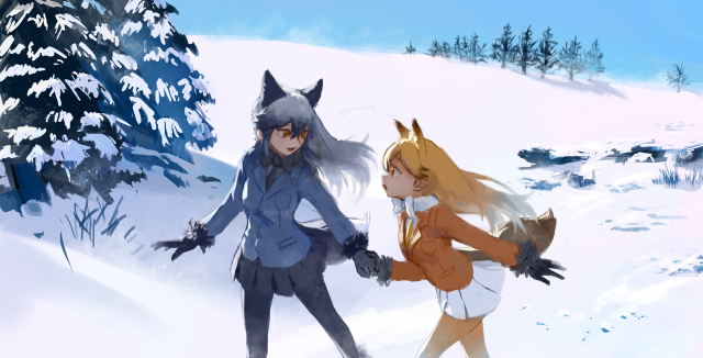 Anime characters walking snow trees free wallpaper - medium preview image