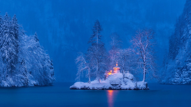 Snowy island lake night lit free wallpaper - medium preview image