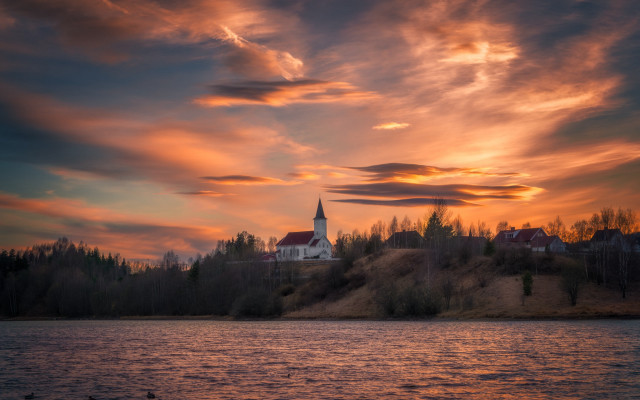 Church hill lake sunset clouds free wallpaper - medium preview image