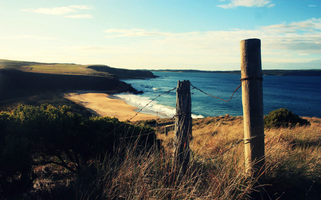 Wooden post grassy hill ocean free wallpaper - medium preview image