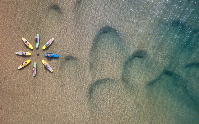 Surfboards beach ocean footprints land free wallpaper - medium preview image