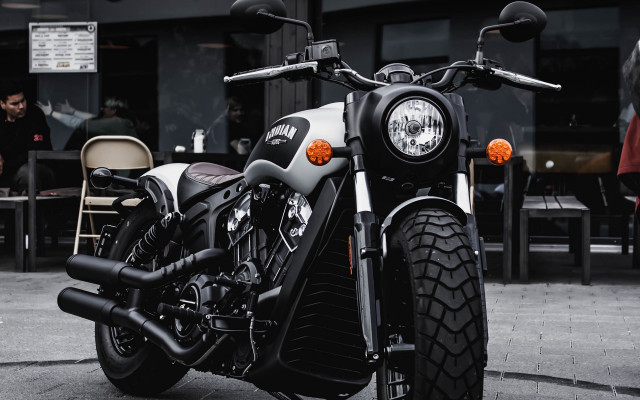 Motorcycle street building people dining free wallpaper - medium preview image