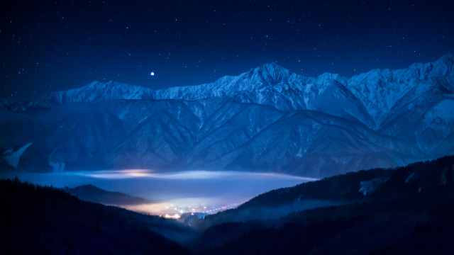 Mountain lake city night moon free wallpaper - medium preview image