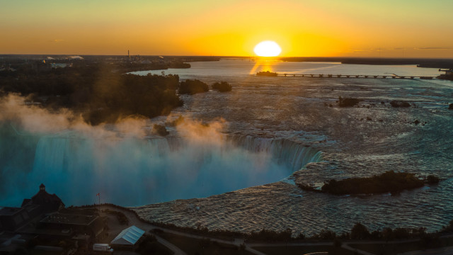 Sunset waterfall bridge river steam free wallpaper - medium preview image
